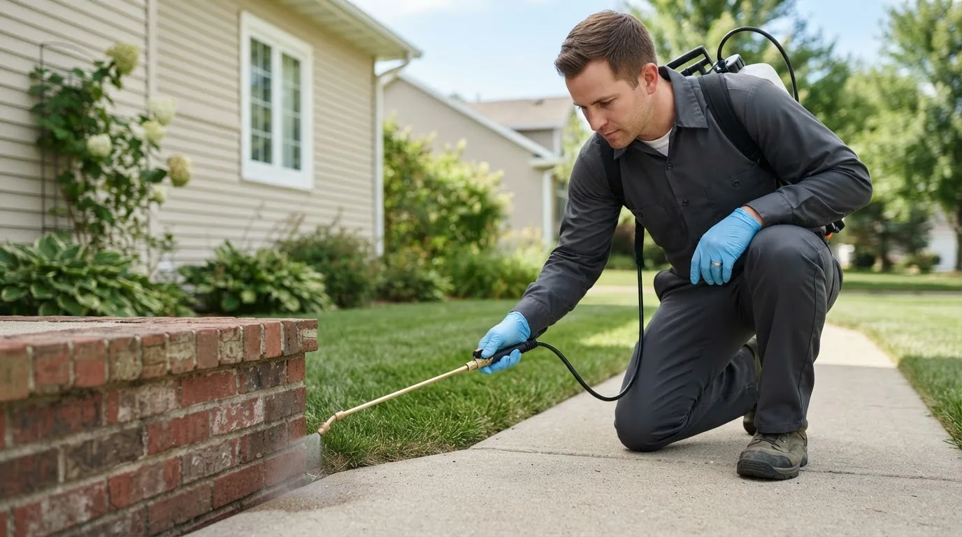 Pest control technician treating a home near Fairbank, PA